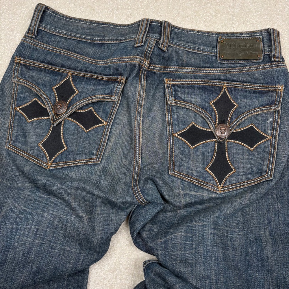 Affliction Mens Blue Distressed Bootcut Jeans Cross Skull Pockets 34x30 USA Made